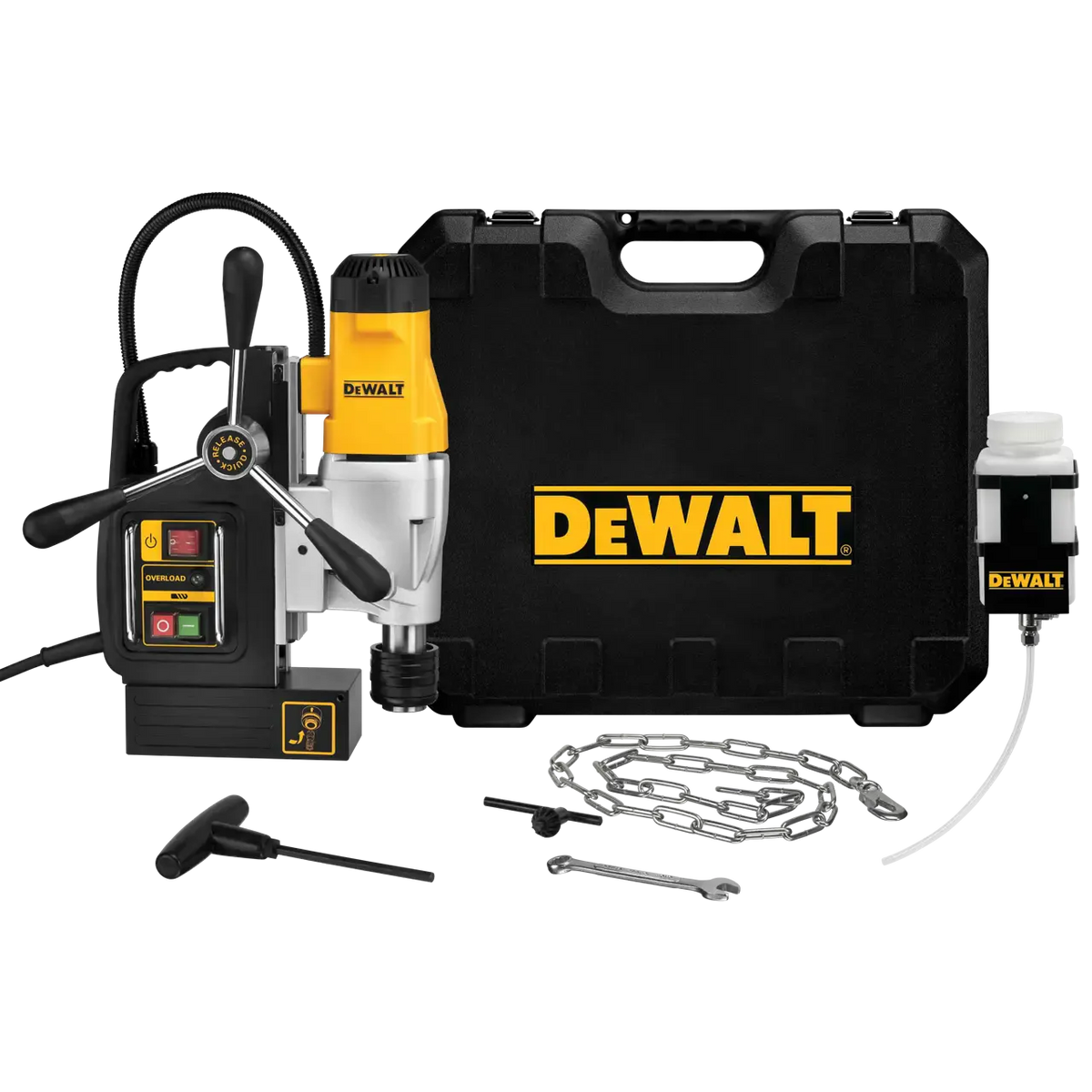 A complete product kit presentation of the Dewalt DWE1622K magnetic drill press, showcasing the yellow and black corded power tool, its integrated control panel, a black heavy-duty hardshell carrying case with the yellow Dewalt logo, a steel safety chain, chuck tools, and a detachable coolant reservoir tank.