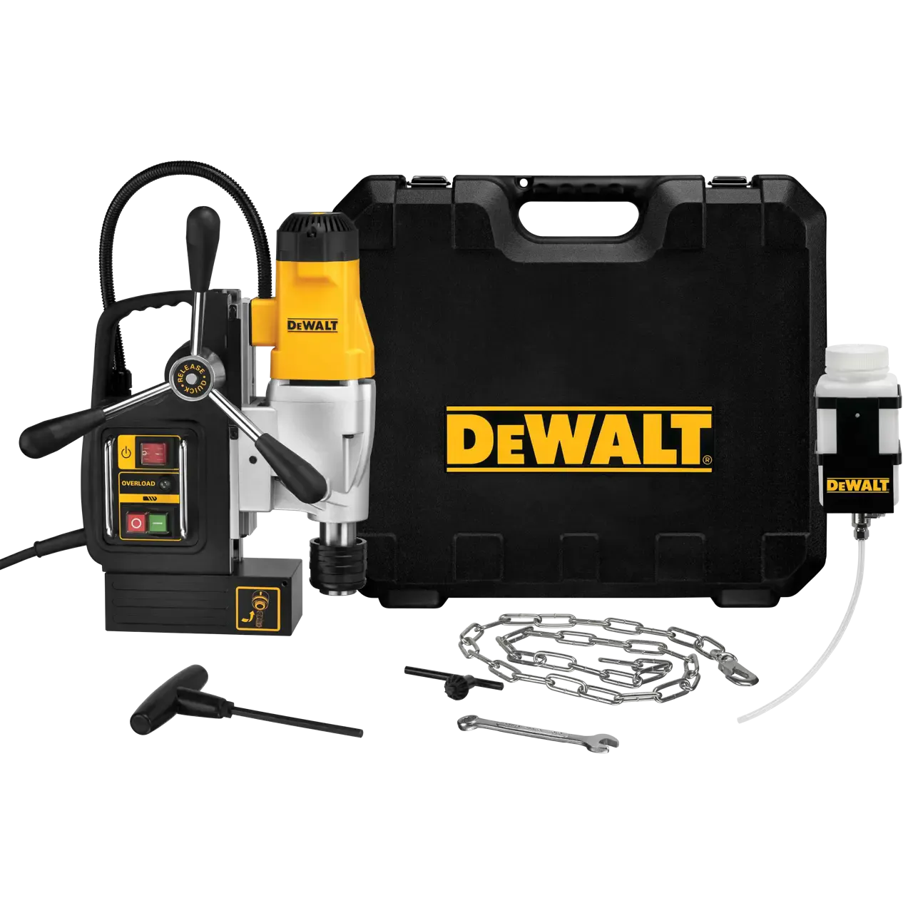 A complete product kit presentation of the Dewalt DWE1622K magnetic drill press, showcasing the yellow and black corded power tool, its integrated control panel, a black heavy-duty hardshell carrying case with the yellow Dewalt logo, a steel safety chain, chuck tools, and a detachable coolant reservoir tank.