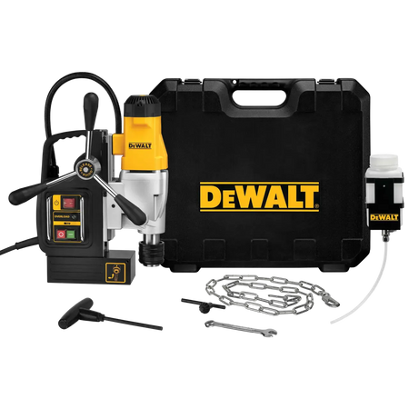 A complete product kit presentation of the Dewalt DWE1622K magnetic drill press, showcasing the yellow and black corded power tool, its integrated control panel, a black heavy-duty hardshell carrying case with the yellow Dewalt logo, a steel safety chain, chuck tools, and a detachable coolant reservoir tank.