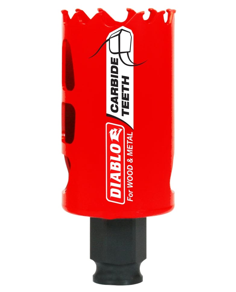 Close-up of the red Diablo 1-1/2 inch Carbide Teeth Hole Saw attached to its mandrel, showing the aggressive carbide teeth designed for cutting wood and metal.