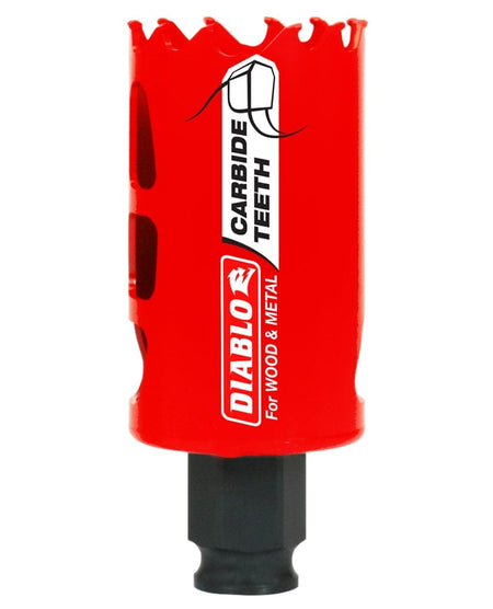 Close-up of the red Diablo 1-1/2 inch Carbide Teeth Hole Saw attached to its mandrel, showing the aggressive carbide teeth designed for cutting wood and metal.