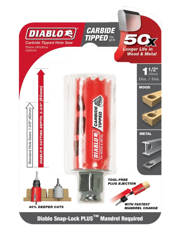 Retail packaging for the Diablo 1-1/2 inch Carbide Tipped Hole Saw, highlighting its 50X longer life in wood and metal and 2-3/8 inch cutting depth.