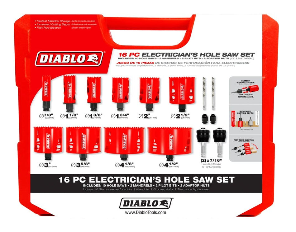 This is a bright orange plastic case containing a 16-piece Diablo electrician's hole saw set. The set includes ten red hole saws of various diameters labeled with the white "DIABLO" logo, two mandrels, two pilot bits, and two adapter nuts.