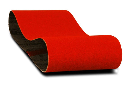 A studio image of a single red Diablo 3x18-inch sanding belt, shown in a curved, S-shape against a white background.