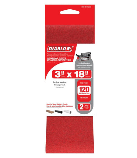 The retail packaging for the Diablo DCB318120S02G 2-pack of 3x18-inch 120-grit sanding belts.