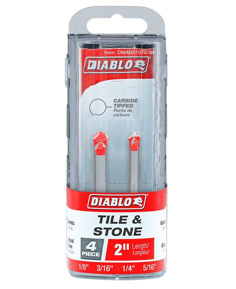 Retail packaging of Diablo carbide-tipped drill bit set showing four bits for tile and stone, labeled with sizes and compatible materials like ceramic, granite, and porcelain.