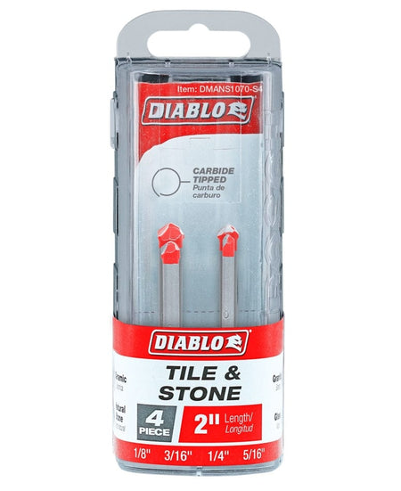 Retail packaging of Diablo carbide-tipped drill bit set showing four bits for tile and stone, labeled with sizes and compatible materials like ceramic, granite, and porcelain.