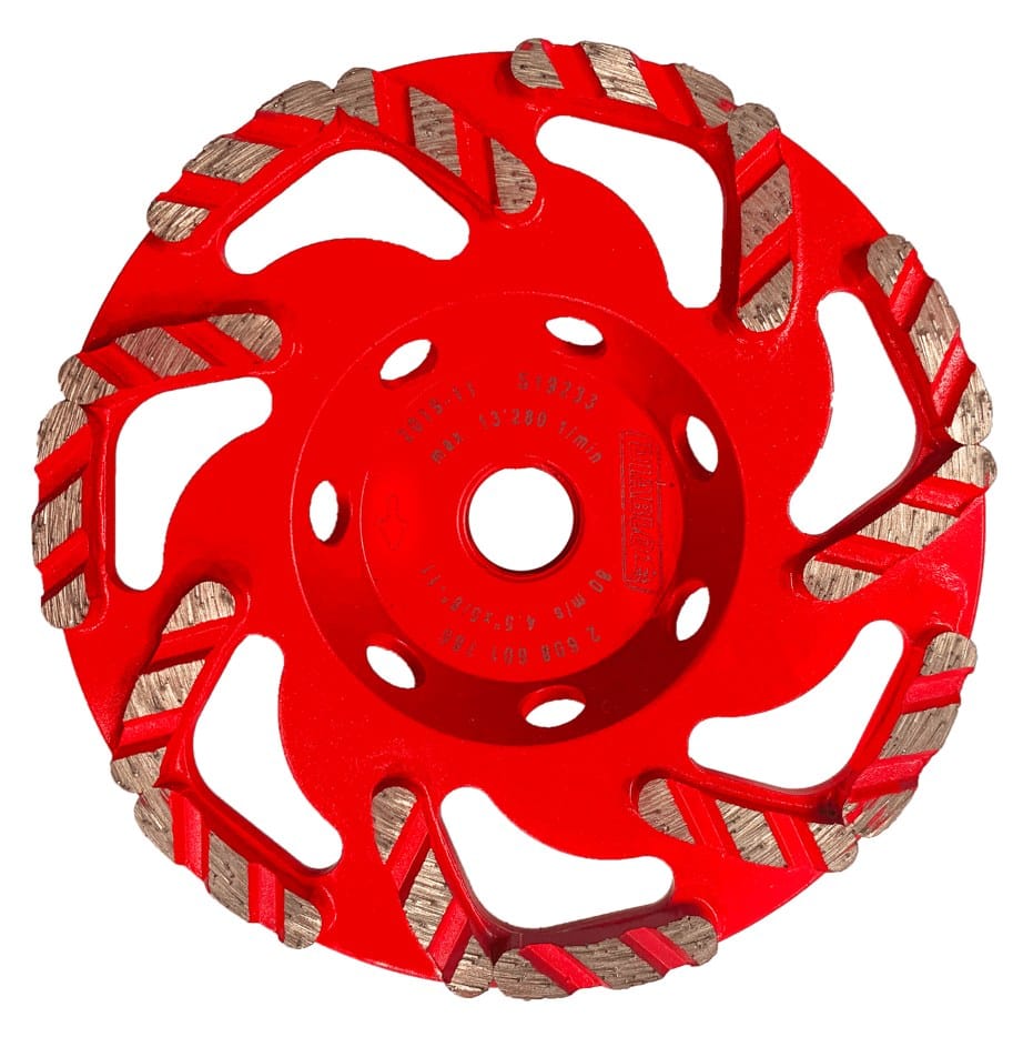 A red 4-1/2 inch Diablo diamond rim cup grinding wheel with L-shaped segments and large slots for concrete and masonry.