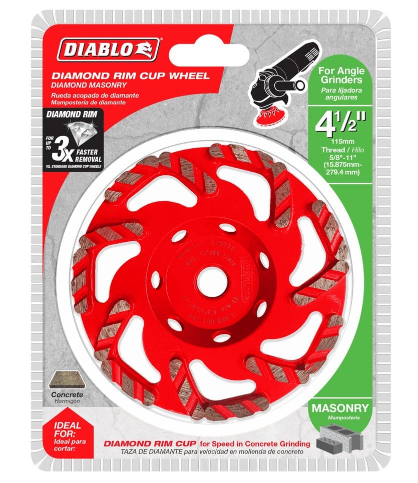 The Diablo 4-1/2 inch diamond rim cup wheel in its retail packaging, highlighting its use for concrete and masonry, L-segment design, and 3X faster removal claim.