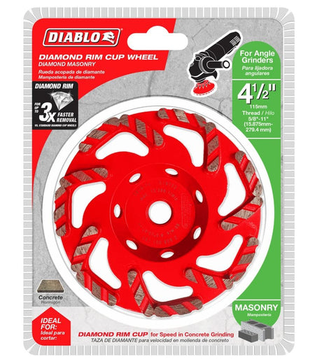 The Diablo 4-1/2 inch diamond rim cup wheel in its retail packaging, highlighting its use for concrete and masonry, L-segment design, and 3X faster removal claim.