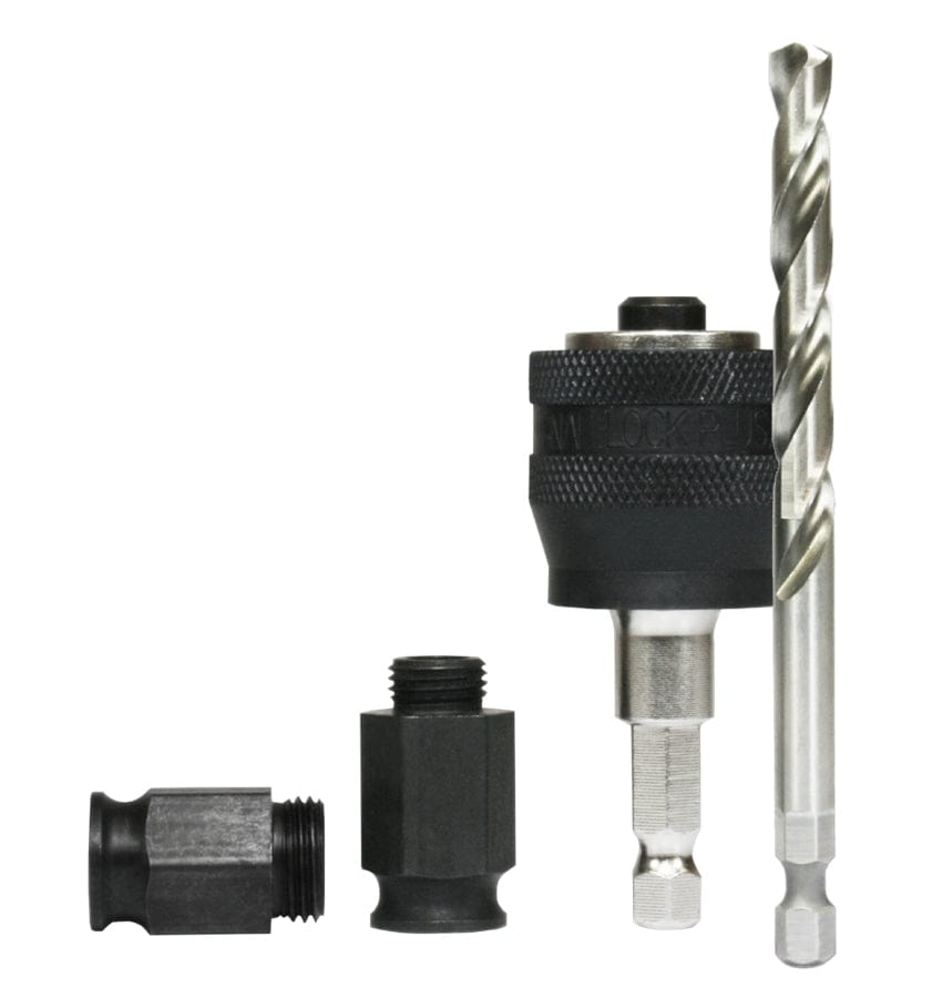 Product photo of the Diablo Snap-Lock Plus Mandrel System, including the mandrel with its 3/8" hex shank, and the two adapter nuts.