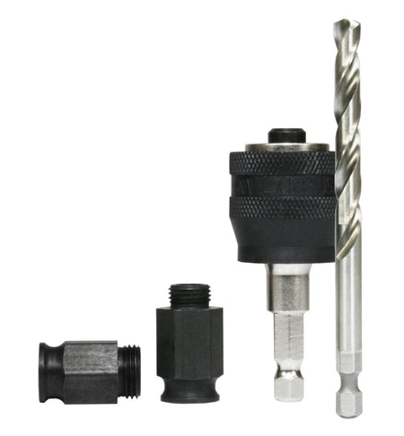 Product photo of the Diablo Snap-Lock Plus Mandrel System, including the mandrel with its 3/8" hex shank, and the two adapter nuts.