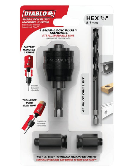 Retail packaging display of the Diablo Snap-Lock Plus Mandrel System kit, showing the mandrel, pilot bit, and 1/2" and 5/8" thread adapter nuts.