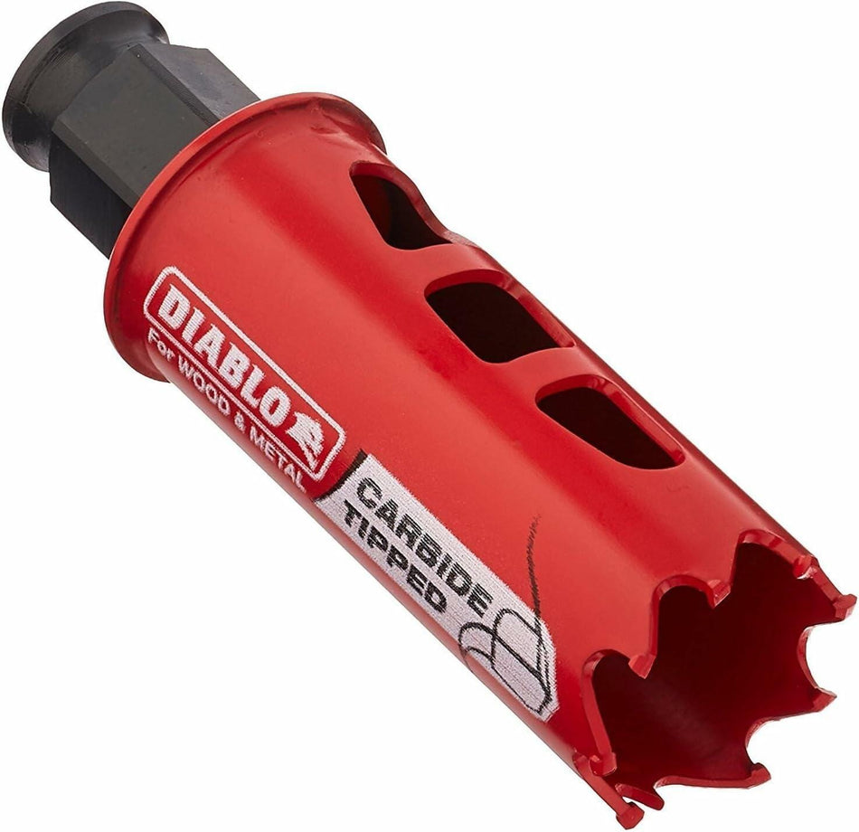 Close-up angled view of the red Diablo carbide tipped hole saw cup, showing the side plug ejection holes and the 'Carbide Tipped For Wood & Metal' label.