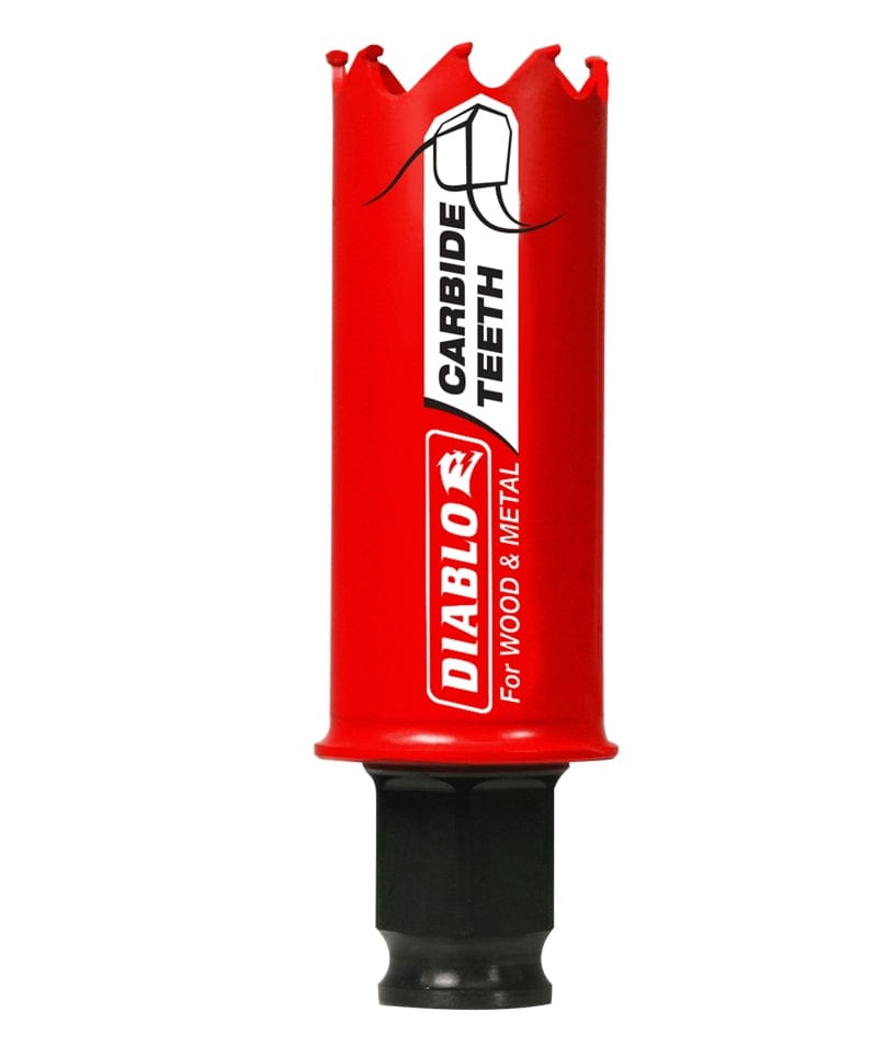 Full-length product image of the red Diablo carbide teeth hole saw cup, highlighting the tall body and jagged carbide cutting teeth.