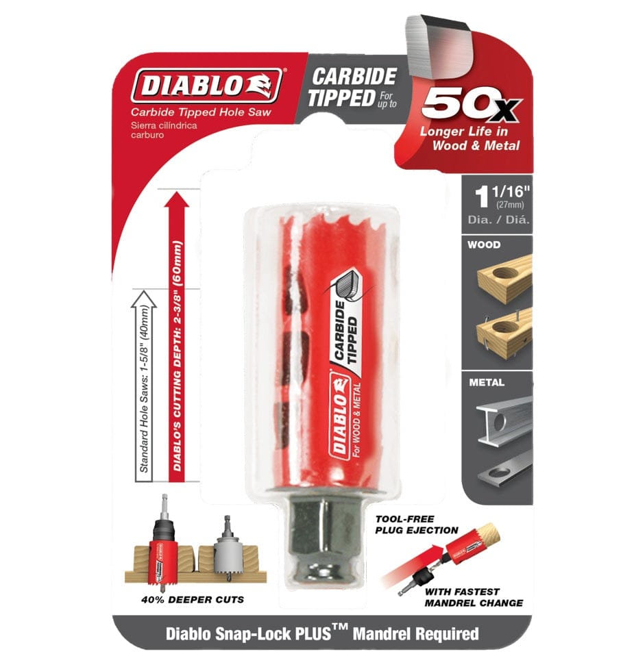 Retail packaging of the Diablo 1-1/16 inch carbide tipped hole saw, highlighting key features including 50X longer life, 2-3/8 inch cutting depth, and compatibility with wood, nails, and metal.