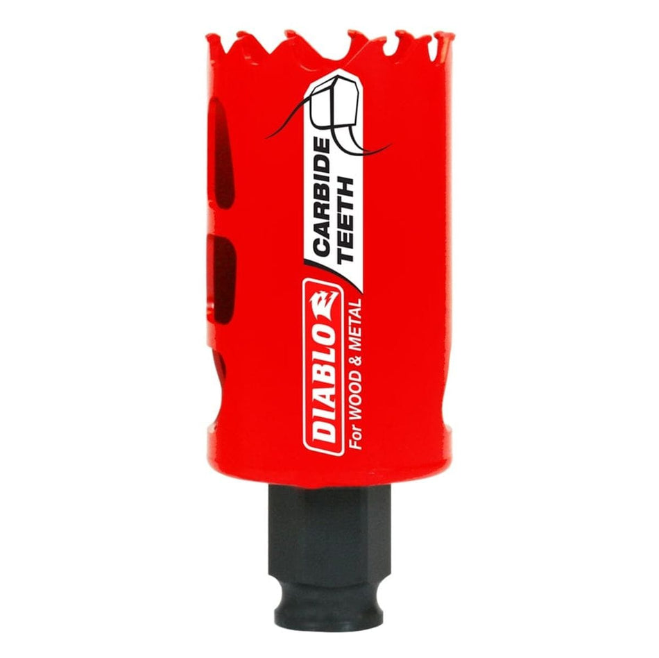 Close-up of the red Diablo 1-1/2 inch Carbide Teeth Hole Saw attached to its mandrel, showing the aggressive carbide teeth designed for cutting wood and metal.