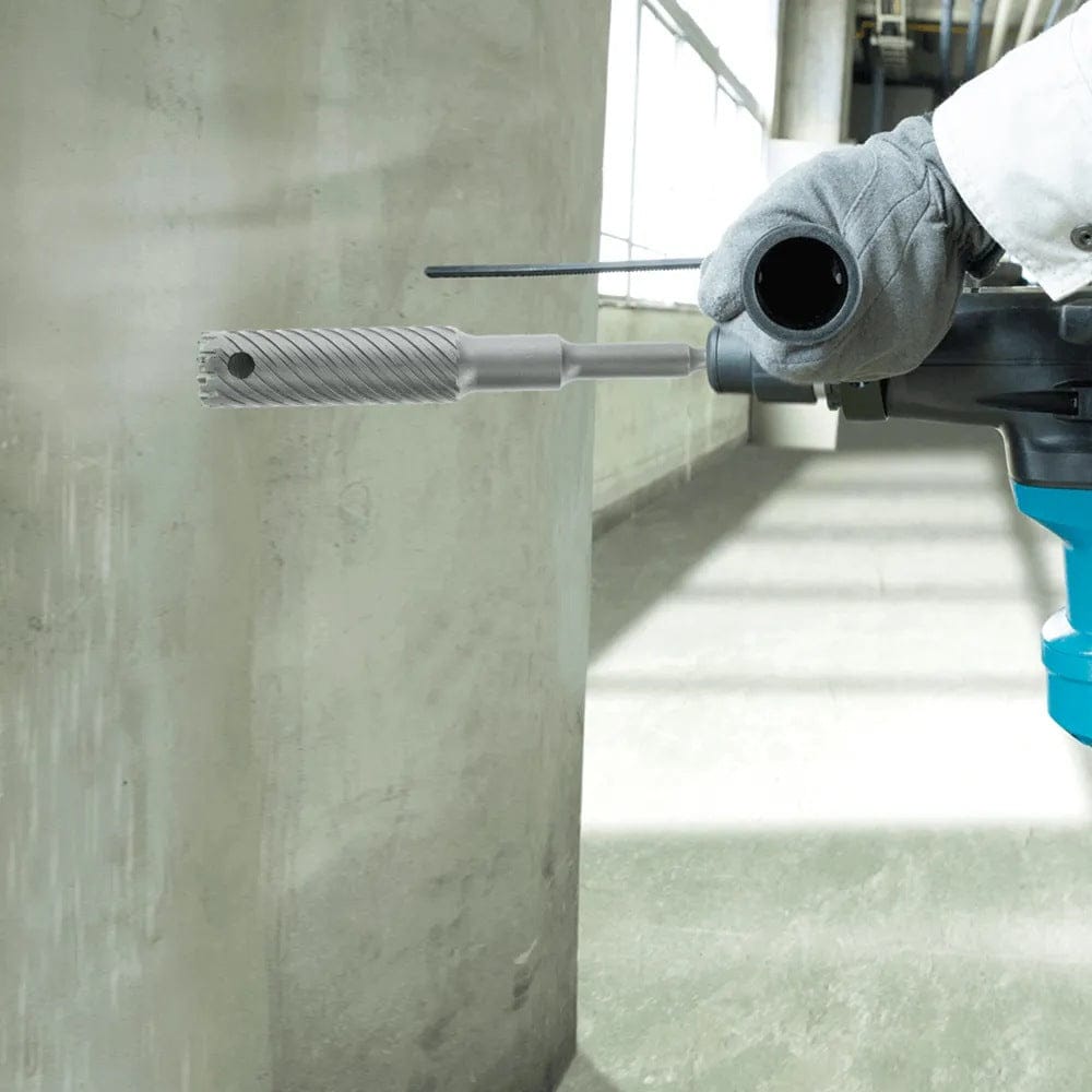 Action shot of the Diablo SDS-Plus rebar cutter attached to a rotary hammer being used to bore into a structural concrete column.