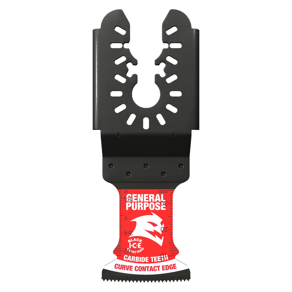 Diablo DOU125CGP AMPED Demo Demon oscillating blade with carbide teeth and curve contact edge for general purpose cutting in nail-embedded wood, metal, and plastic.