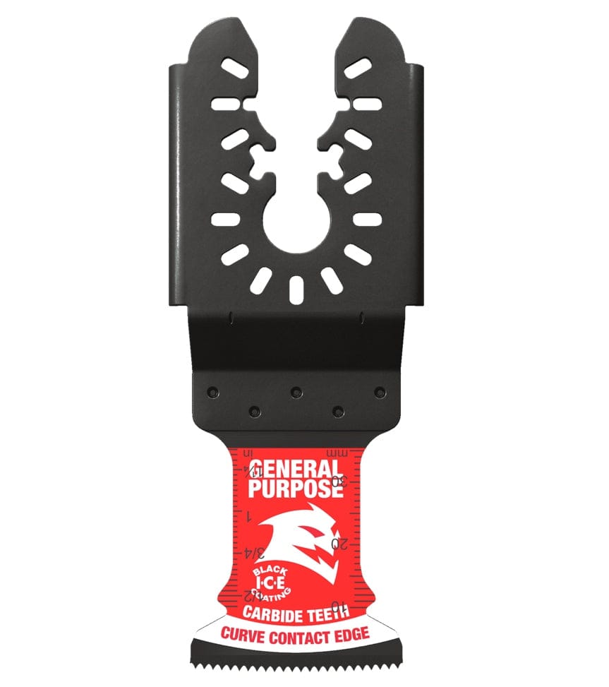 Diablo DOU125CGP AMPED Demo Demon oscillating blade with carbide teeth and curve contact edge for general purpose cutting in nail-embedded wood, metal, and plastic.