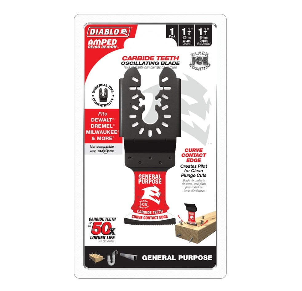 Retail packaging for the Diablo DOU125CGP oscillating blade showcasing the universal fit compatibility and up to 50X longer life with carbide teeth.