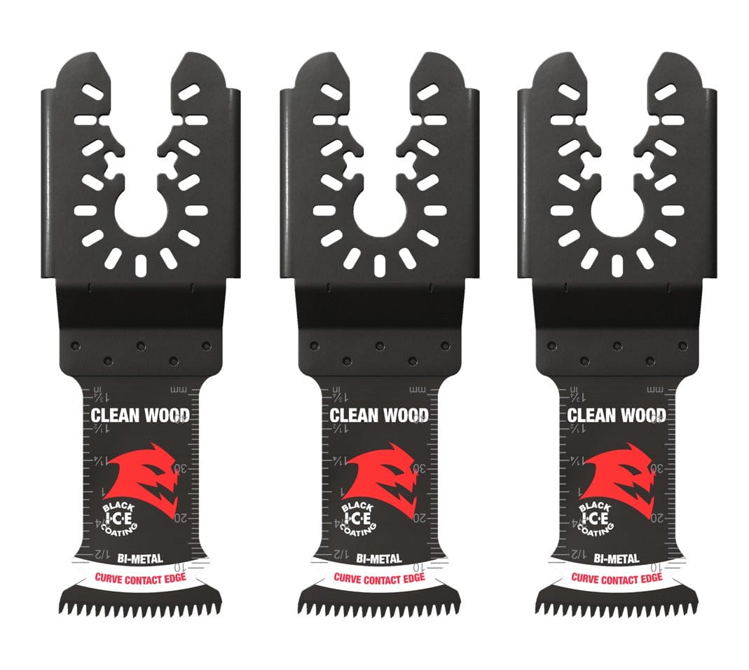 Three individual Diablo 1-1/4 inch Demo Demon bi-metal oscillating multi-tool blades for clean wood featuring Black I.C.E. coating and a Japanese tooth design for fast cutting.
