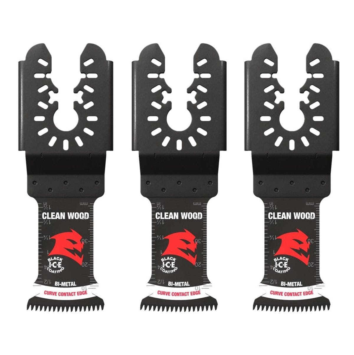 Three individual Diablo 1-1/4 inch Demo Demon bi-metal oscillating multi-tool blades for clean wood featuring Black I.C.E. coating and a Japanese tooth design for fast cutting.