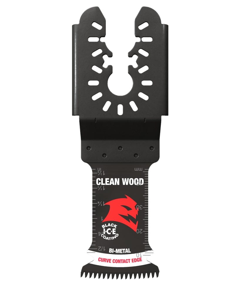 Close-up of a single Diablo clean wood bi-metal oscillating blade showing the universal fit interface, integrated depth scale, and specialized Japanese tooth geometry.