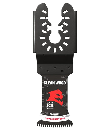 Close-up of a single Diablo clean wood bi-metal oscillating blade showing the universal fit interface, integrated depth scale, and specialized Japanese tooth geometry.