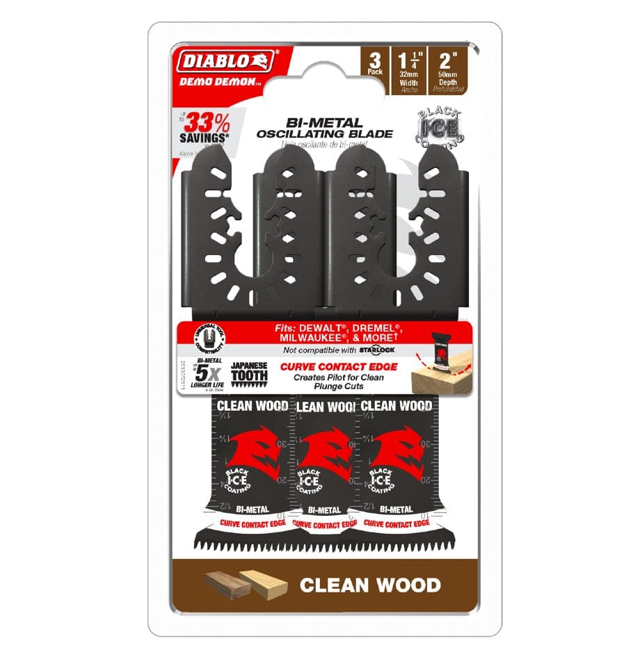 Retail packaging for the Diablo DOU125JBW3 3-pack of bi-metal oscillating blades highlighting a 2-inch cutting depth, Japanese tooth design, and 33 percent savings.