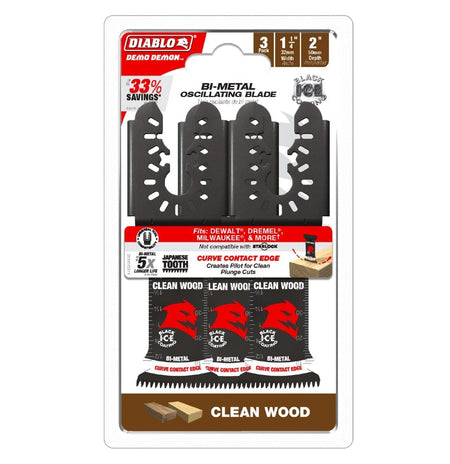Retail packaging for the Diablo DOU125JBW3 3-pack of bi-metal oscillating blades highlighting a 2-inch cutting depth, Japanese tooth design, and 33 percent savings.