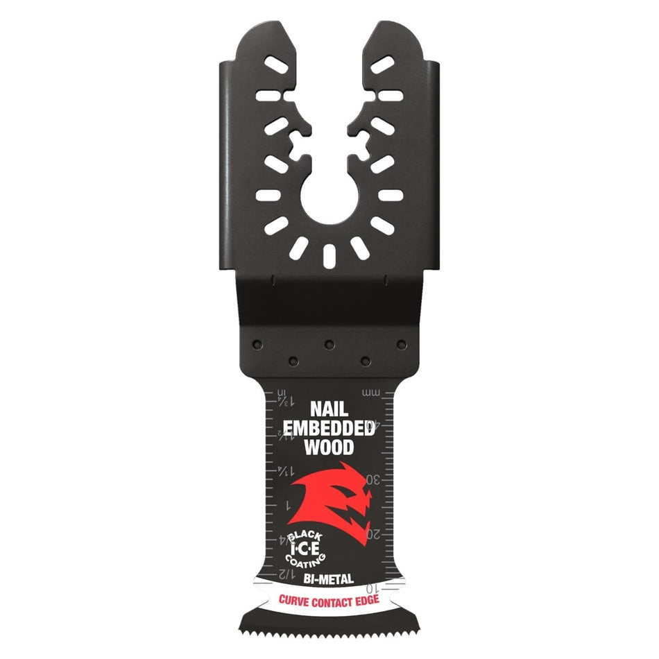 A studio shot of the Diablo DOU125BW Demo Demon oscillating multi-tool blade featuring a 1-1/4 inch bi-metal cutting edge, a universal fit interface, and a Black I.C.E. coating designed for nail-embedded wood.