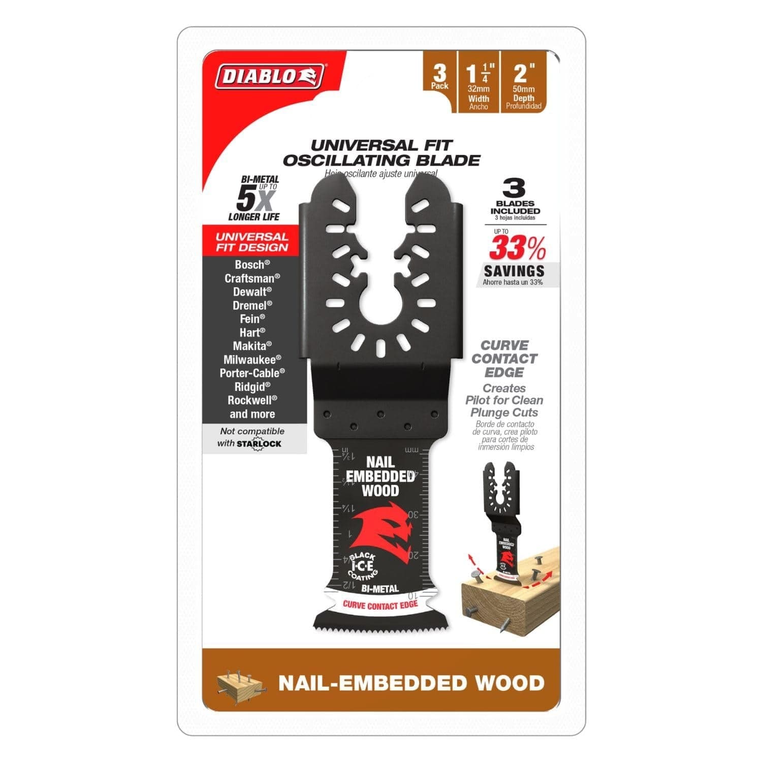Professional retail packaging for the Diablo DOU125BW3 3-pack oscillating blades, highlighting 33 percent savings, a 2-inch cutting depth, and compatibility with major brands like DeWalt, Milwaukee, and Makita.