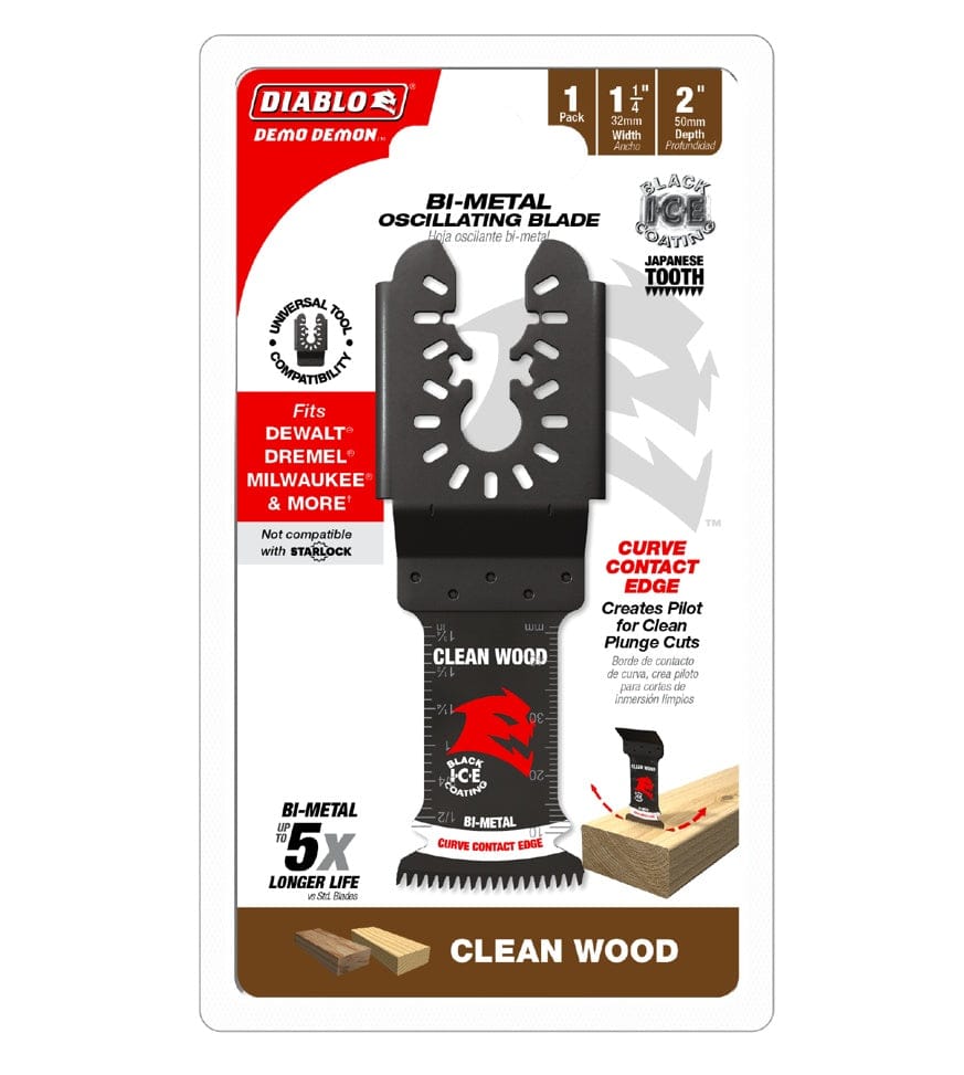 Retail packaging for the Diablo DOU125JBW oscillating blade highlighting 5X longer life, a 2-inch cutting depth, and universal tool compatibility.