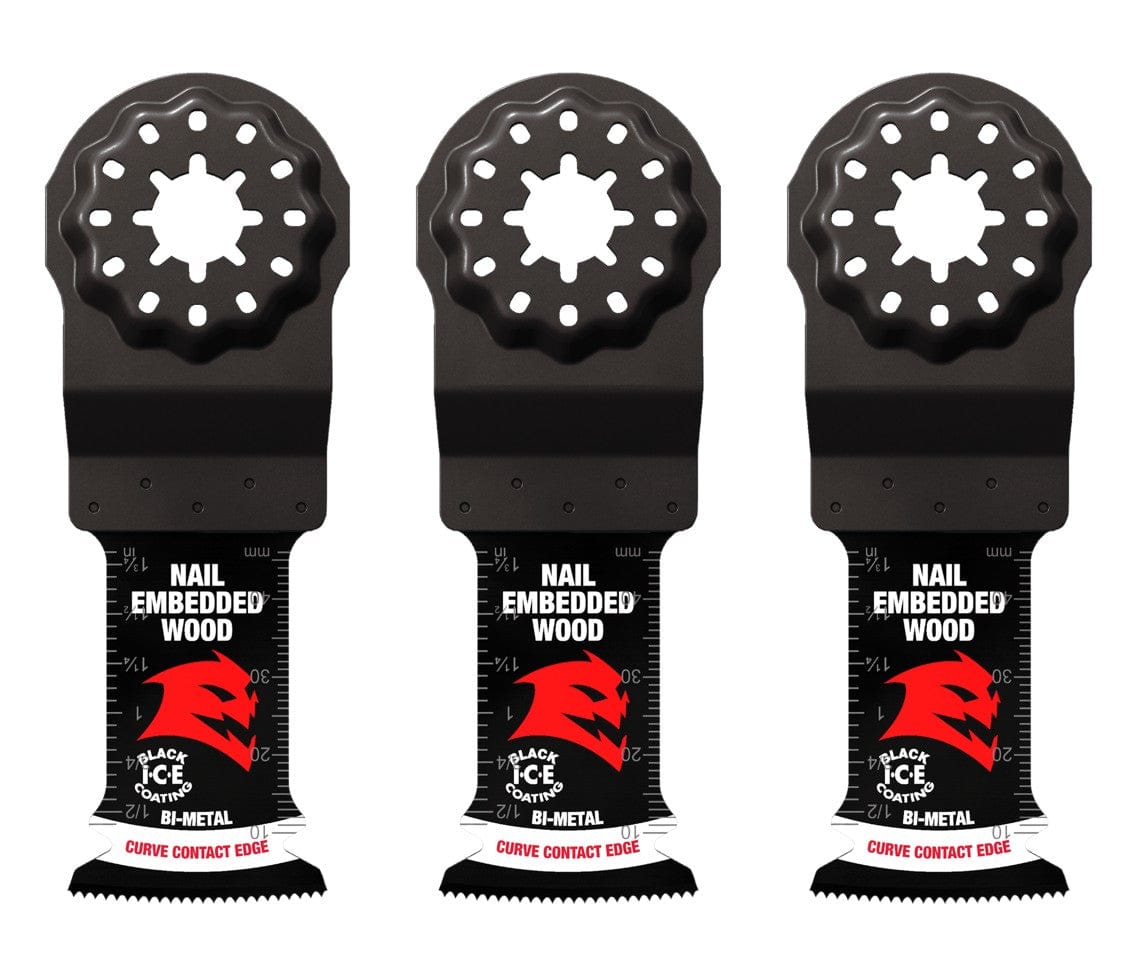 Three individual Diablo Starlock bi-metal oscillating multi-tool blades for nail-embedded wood with Black I.C.E. coating and specialized curve contact edges.