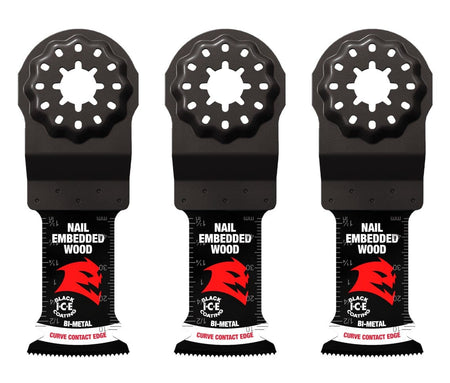 Three individual Diablo Starlock bi-metal oscillating multi-tool blades for nail-embedded wood with Black I.C.E. coating and specialized curve contact edges.
