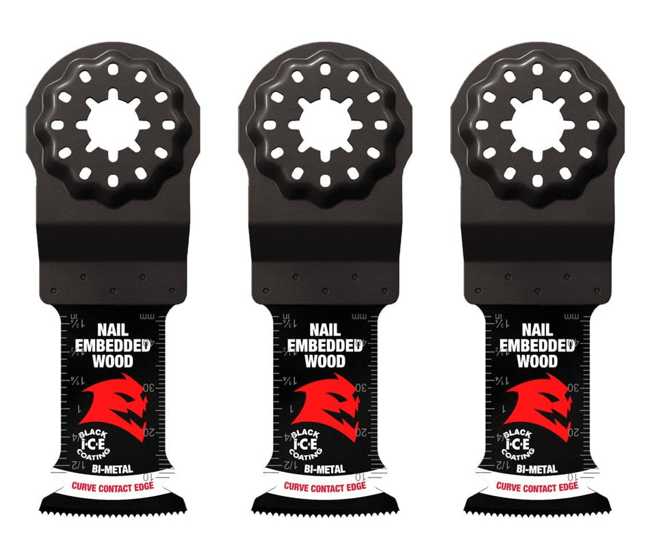 Three individual Diablo Starlock bi-metal oscillating multi-tool blades for nail-embedded wood with Black I.C.E. coating and specialized curve contact edges.