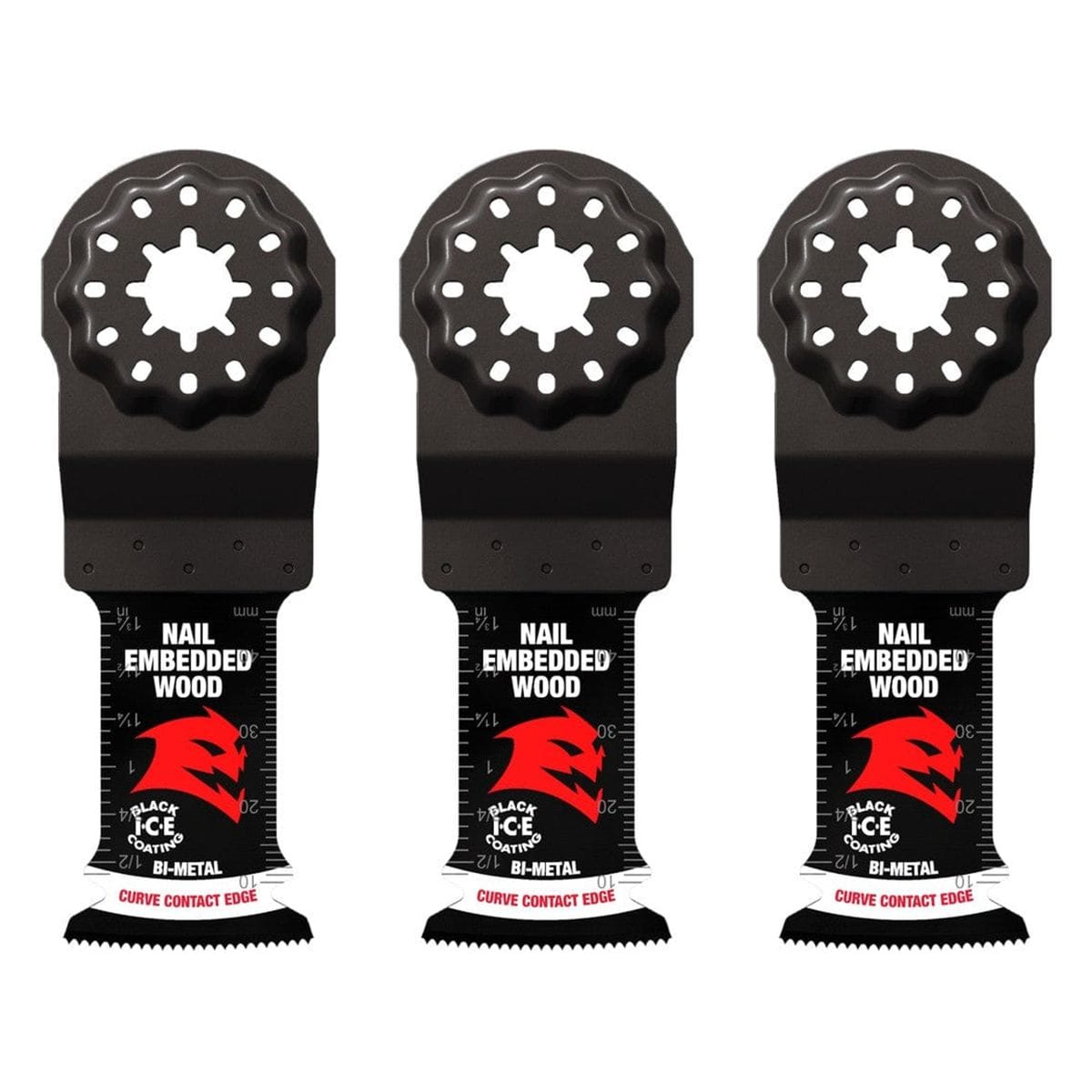 Three individual Diablo Starlock bi-metal oscillating multi-tool blades for nail-embedded wood with Black I.C.E. coating and specialized curve contact edges.