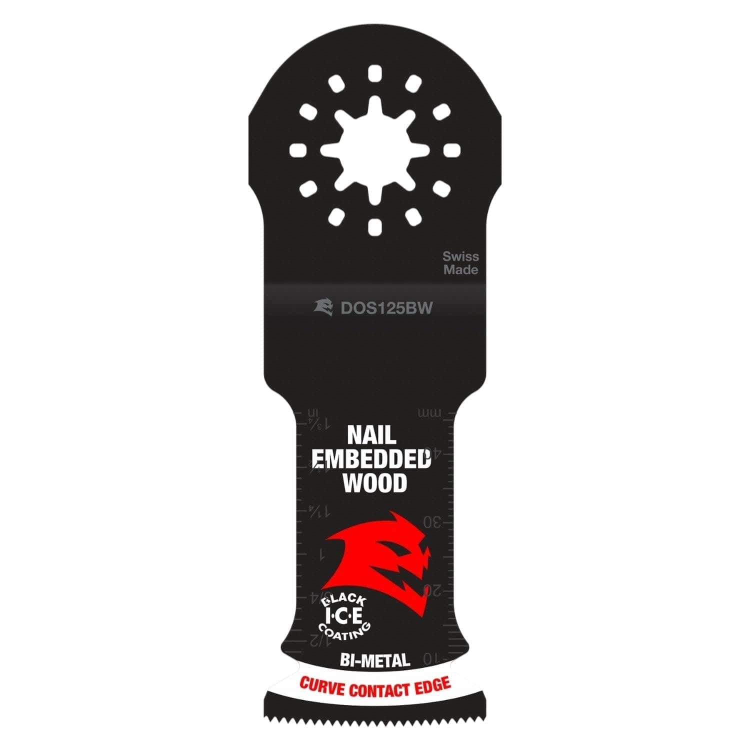 individual Diablo Starlock bi-metal oscillating multi-tool blades for nail-embedded wood with Black I.C.E. coating and specialized curve contact edges.