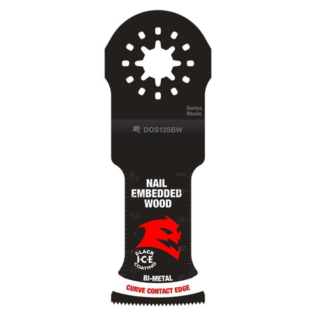 individual Diablo Starlock bi-metal oscillating multi-tool blades for nail-embedded wood with Black I.C.E. coating and specialized curve contact edges.