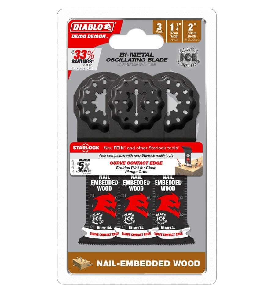 Retail packaging for the Diablo DOS125BW3 3-pack of Starlock bi-metal oscillating blades highlighting up to 33 percent savings and 5X longer cutting life.