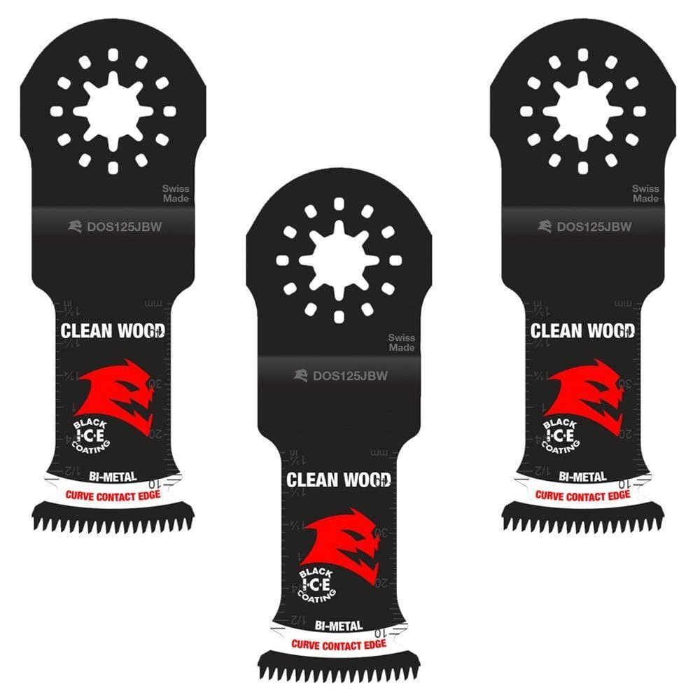 Three Diablo bi-metal wood oscillating blades arranged to show the 3-pack quantity and the Starlock quick-change interface for multi-tools.
