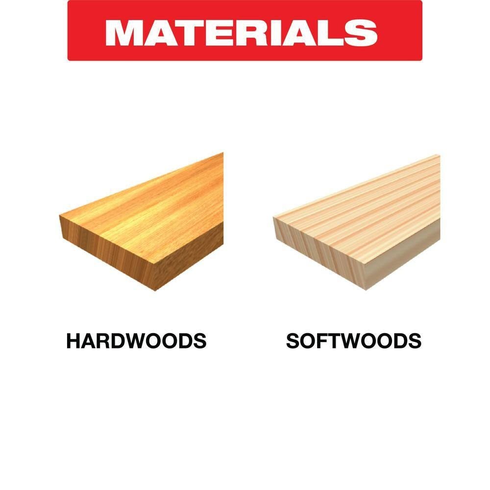 Marketing graphic showing hardwood and softwood timber samples indicating the ideal materials for Diablo Japanese tooth oscillating blades.