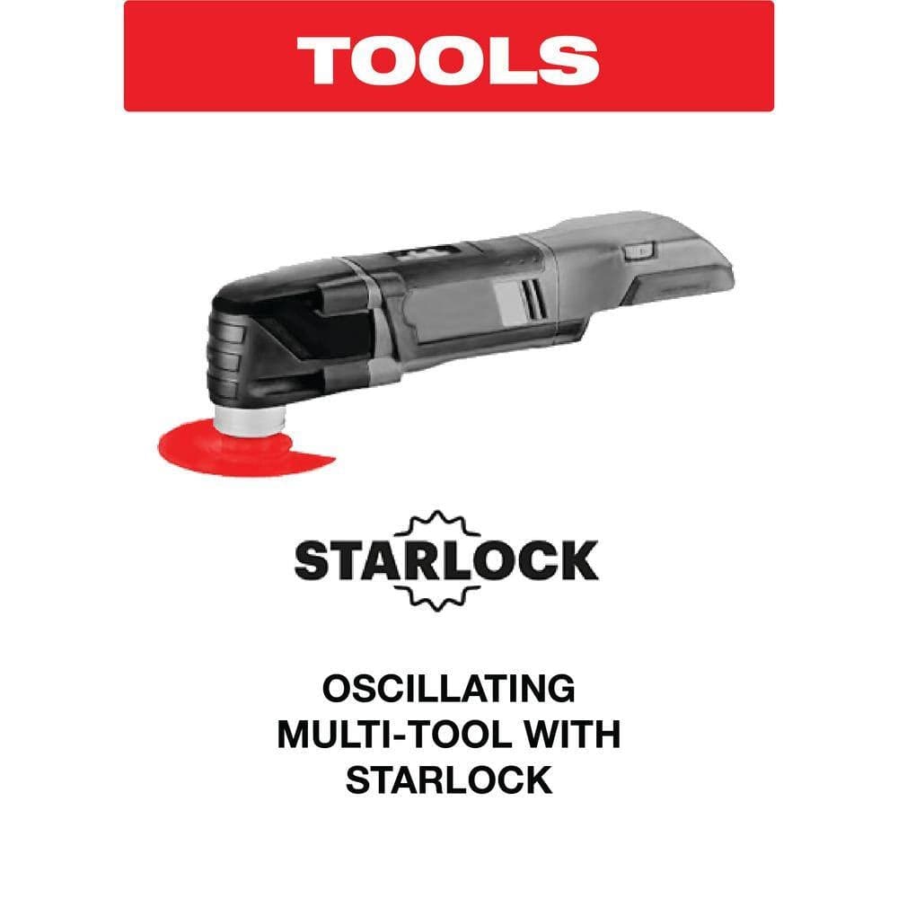 Marketing graphic featuring an oscillating multi-tool with a Starlock blade attached to demonstrate tool compatibility and quick-change functionality.
