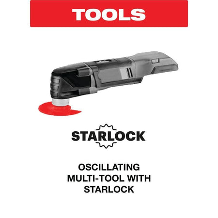 Marketing graphic featuring an oscillating multi-tool with a Starlock blade attached to demonstrate tool compatibility and quick-change functionality.