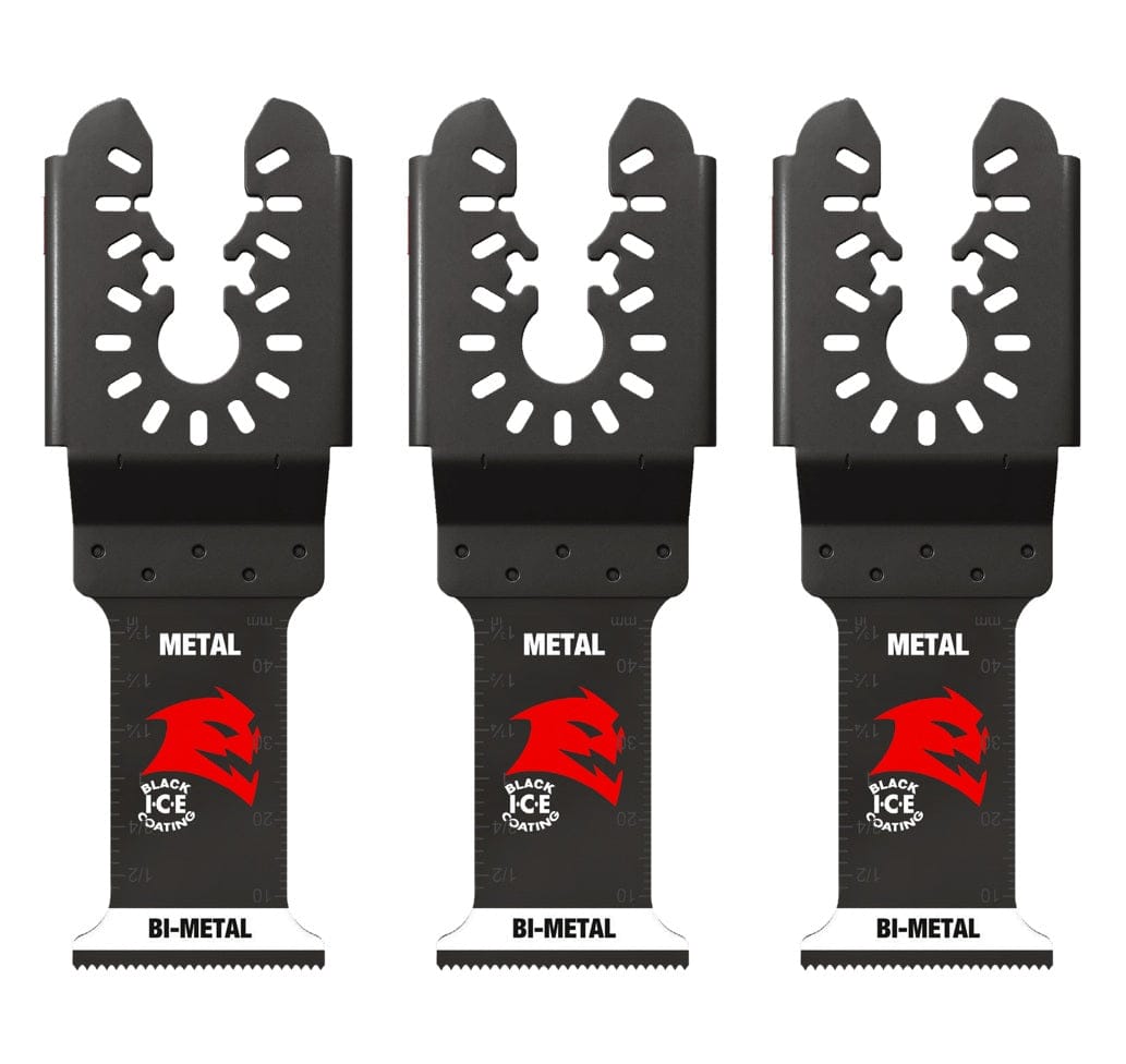 Three individual Diablo 1-1/4 inch Steel Demon bi-metal oscillating multi-tool blades for metal cutting featuring Black I.C.E. coating and ultra-hardened cutting edges.