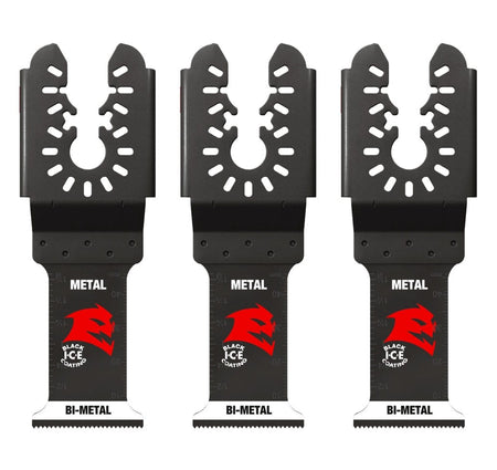 Three individual Diablo 1-1/4 inch Steel Demon bi-metal oscillating multi-tool blades for metal cutting featuring Black I.C.E. coating and ultra-hardened cutting edges.
