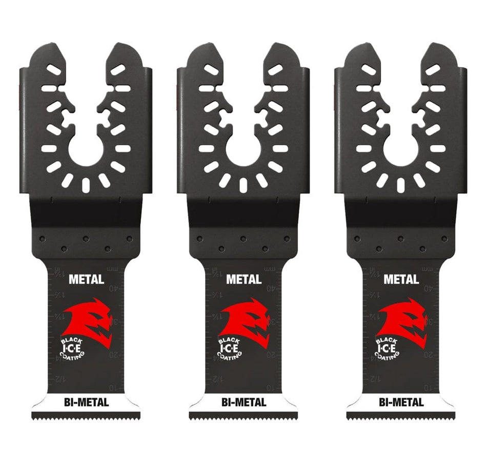 Three individual Diablo 1-1/4 inch Steel Demon bi-metal oscillating multi-tool blades for metal cutting featuring Black I.C.E. coating and ultra-hardened cutting edges.