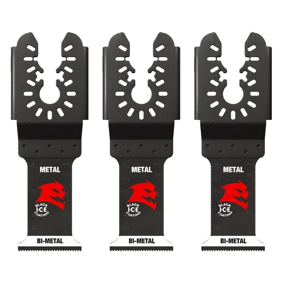 Three individual Diablo 1-1/4 inch Steel Demon bi-metal oscillating multi-tool blades for metal cutting featuring Black I.C.E. coating and ultra-hardened cutting edges.