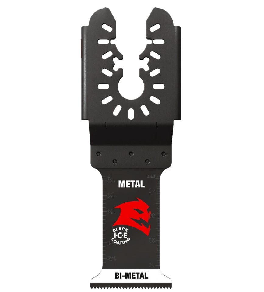 Close-up of a single Diablo Steel Demon bi-metal oscillating blade showing the universal fit interface, metal cutting teeth, and integrated depth scale.